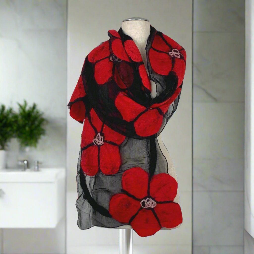 Red Floppy Flowers Merino Wool Felt Scarf