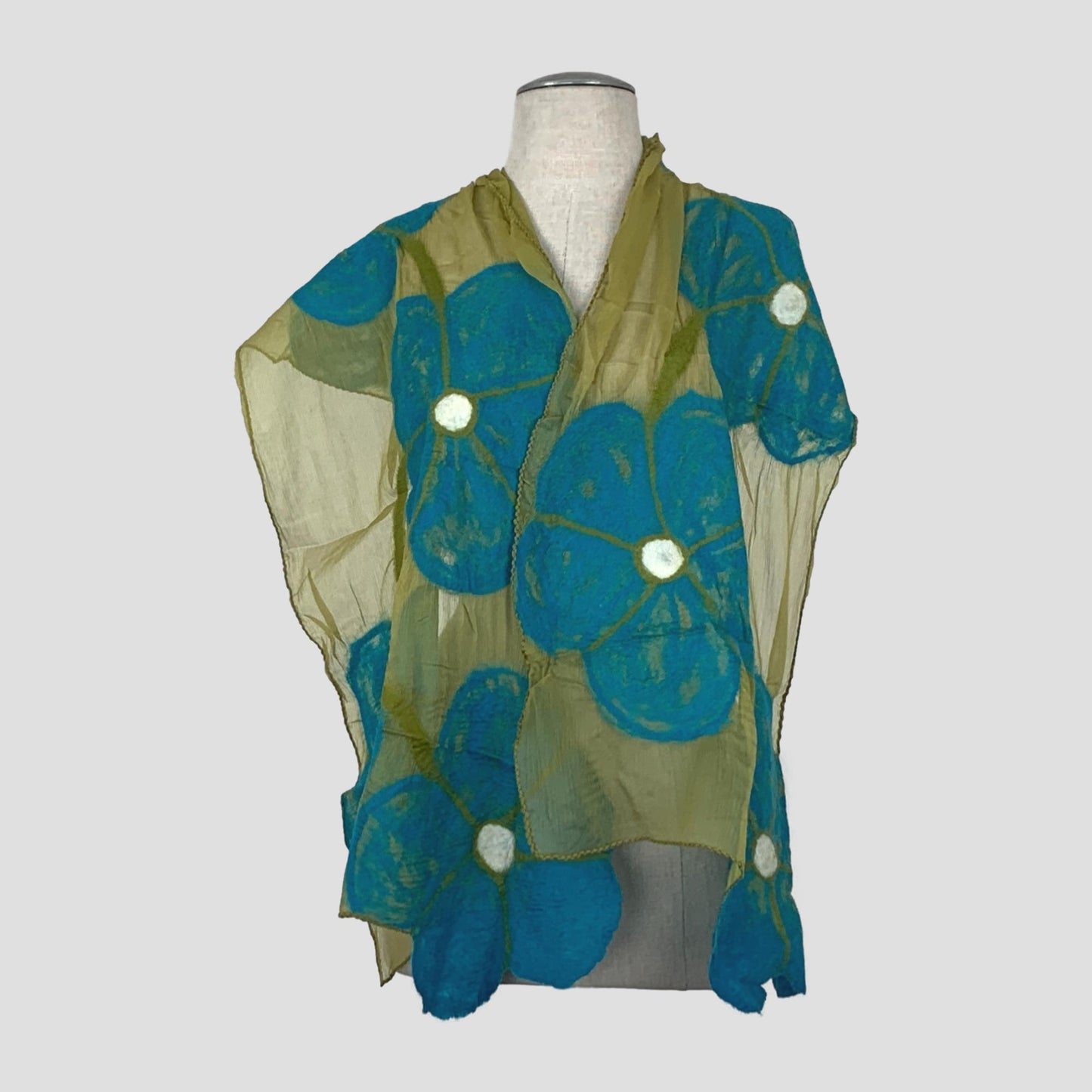 Beige Turquoise Flowers Merino Wool Felt Scarf
