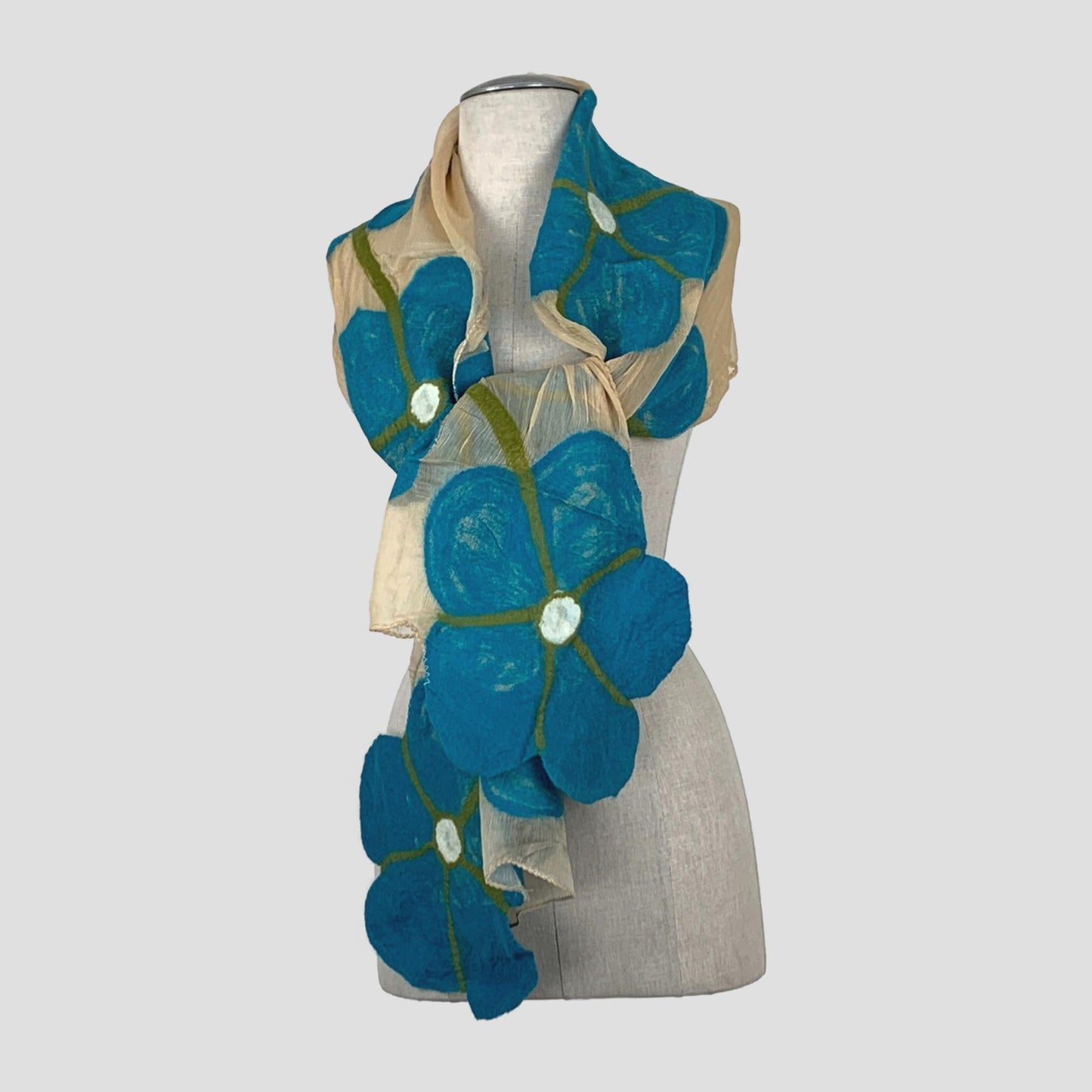 Tan Turquoise Flower Merino Wool Felt Scarf