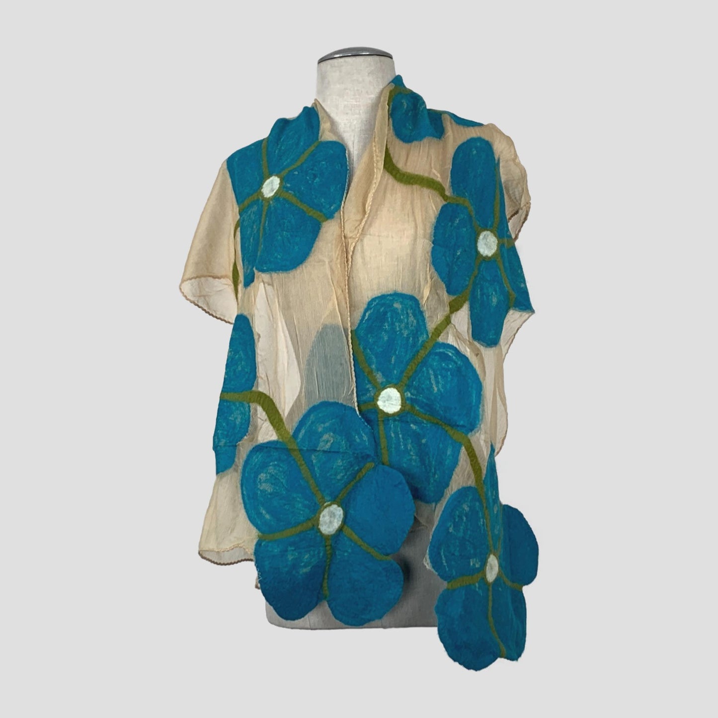 Tan Turquoise Flower Merino Wool Felt Scarf