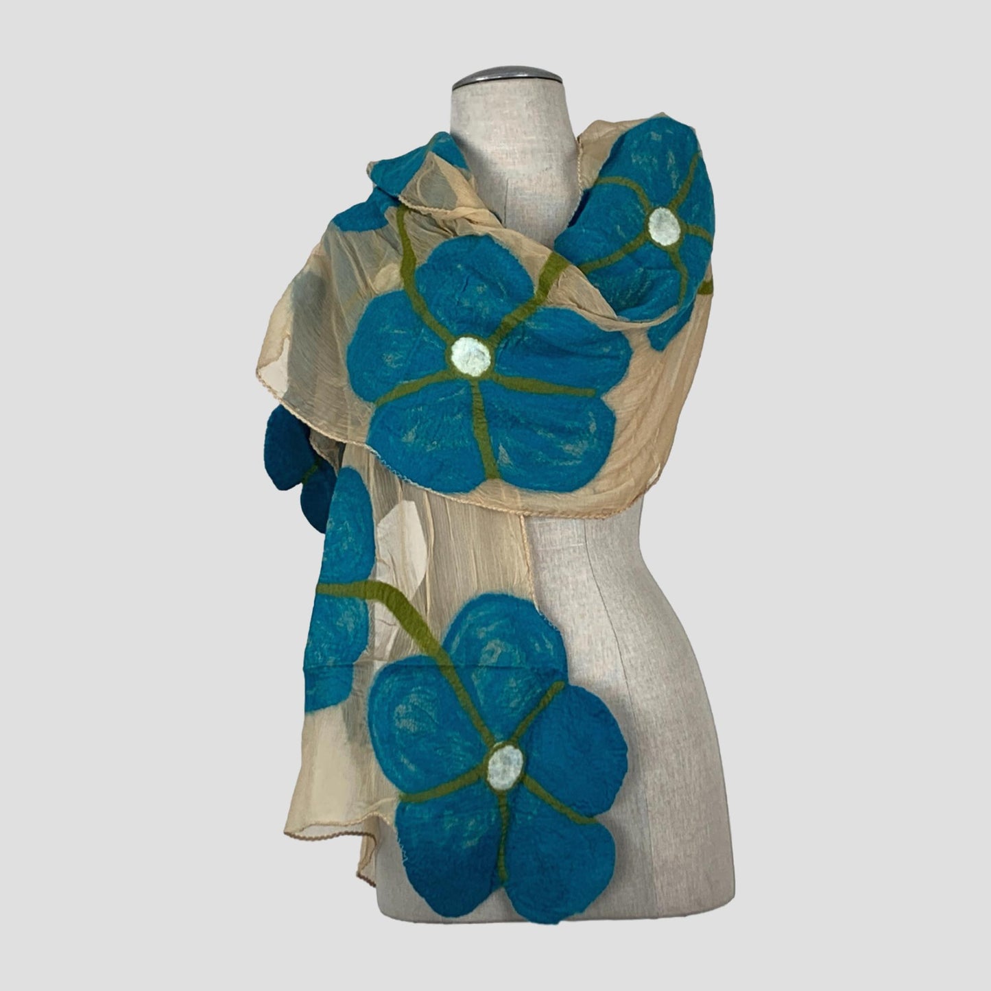 Tan Turquoise Flower Merino Wool Felt Scarf