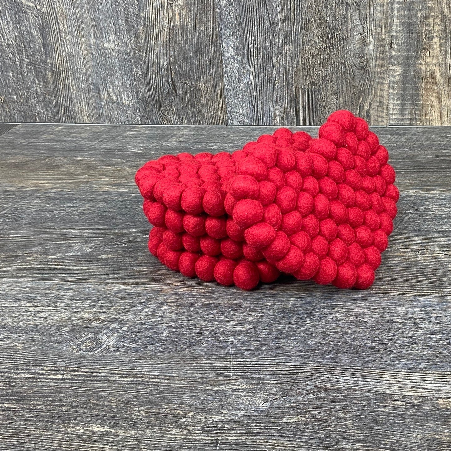 Red Heart-Shaped Wool Ball Felt Trivet