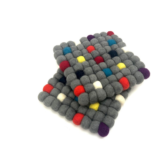 Variation Colors Square Pom Pom Felt Ball Trivet-Set Of 2Pcs.