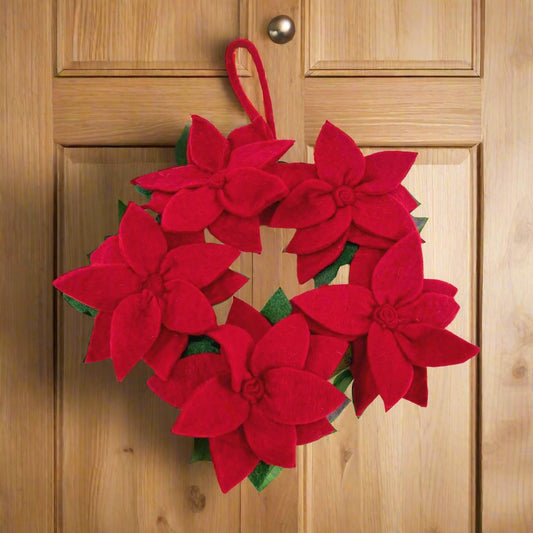 Door Hanging Red Flower Felt Wreath 13 Inches