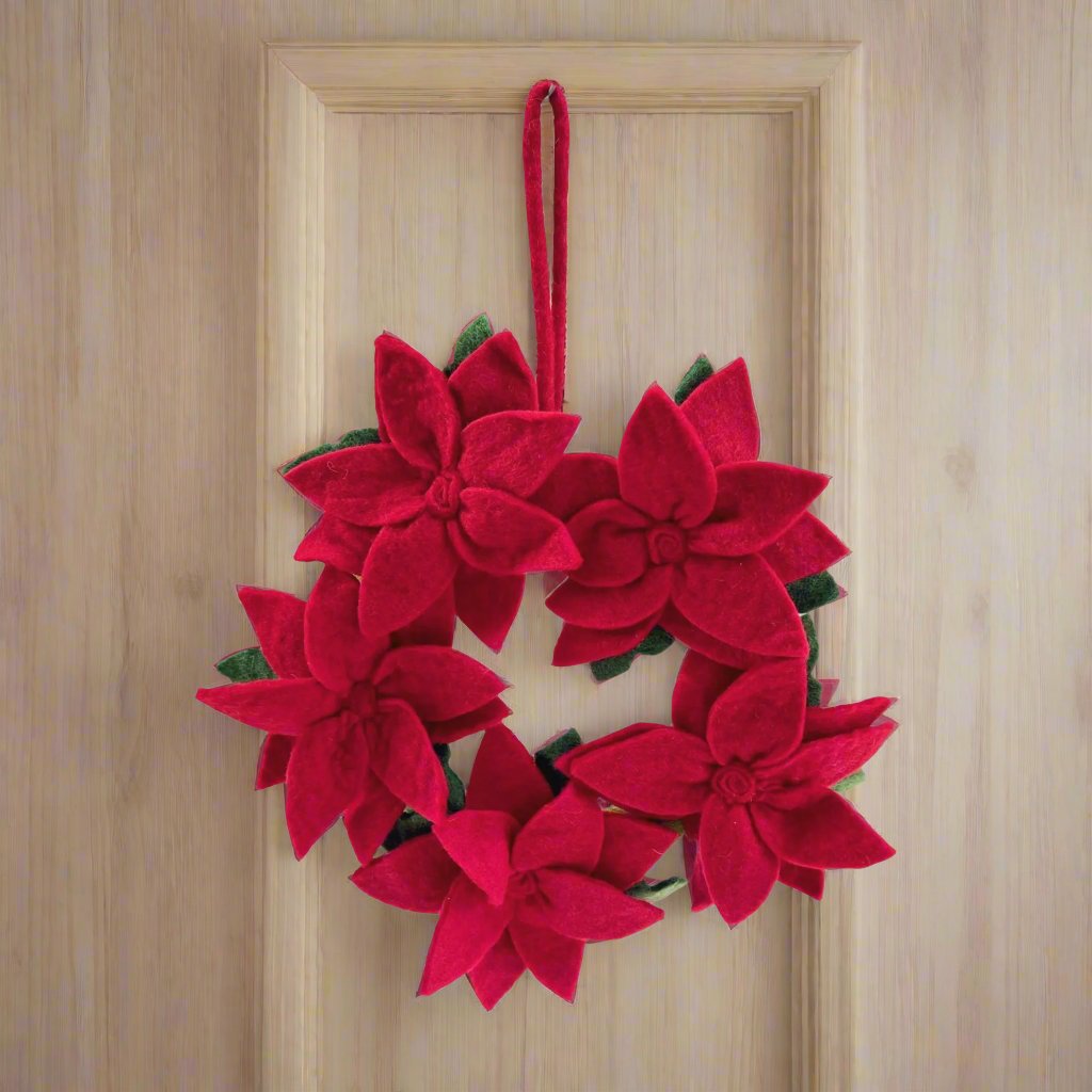 Door Hanging Red Flower Felt Wreath 13 Inches