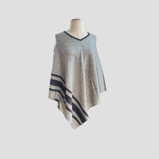 Black Stripe Light Gray V-Neck Cashmere Poncho