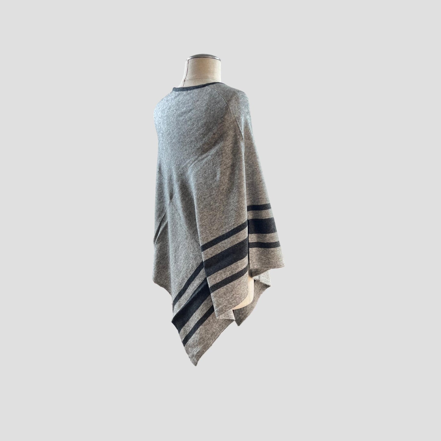 Black Stripe Light Gray V-Neck Cashmere Poncho