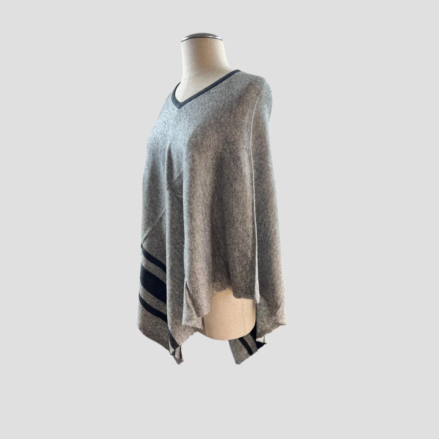 Black Stripe Light Gray V-Neck Cashmere Poncho