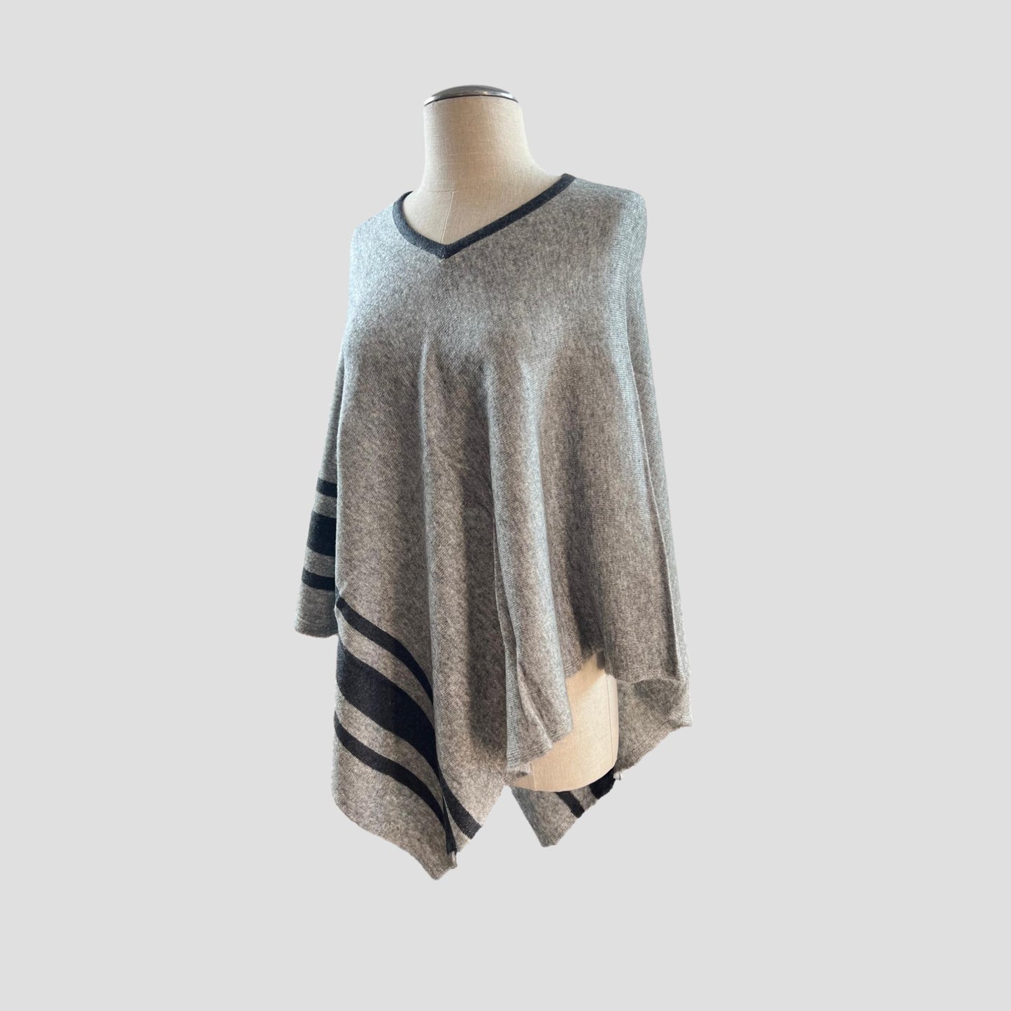 Black Stripe Light Gray V-Neck Cashmere Poncho