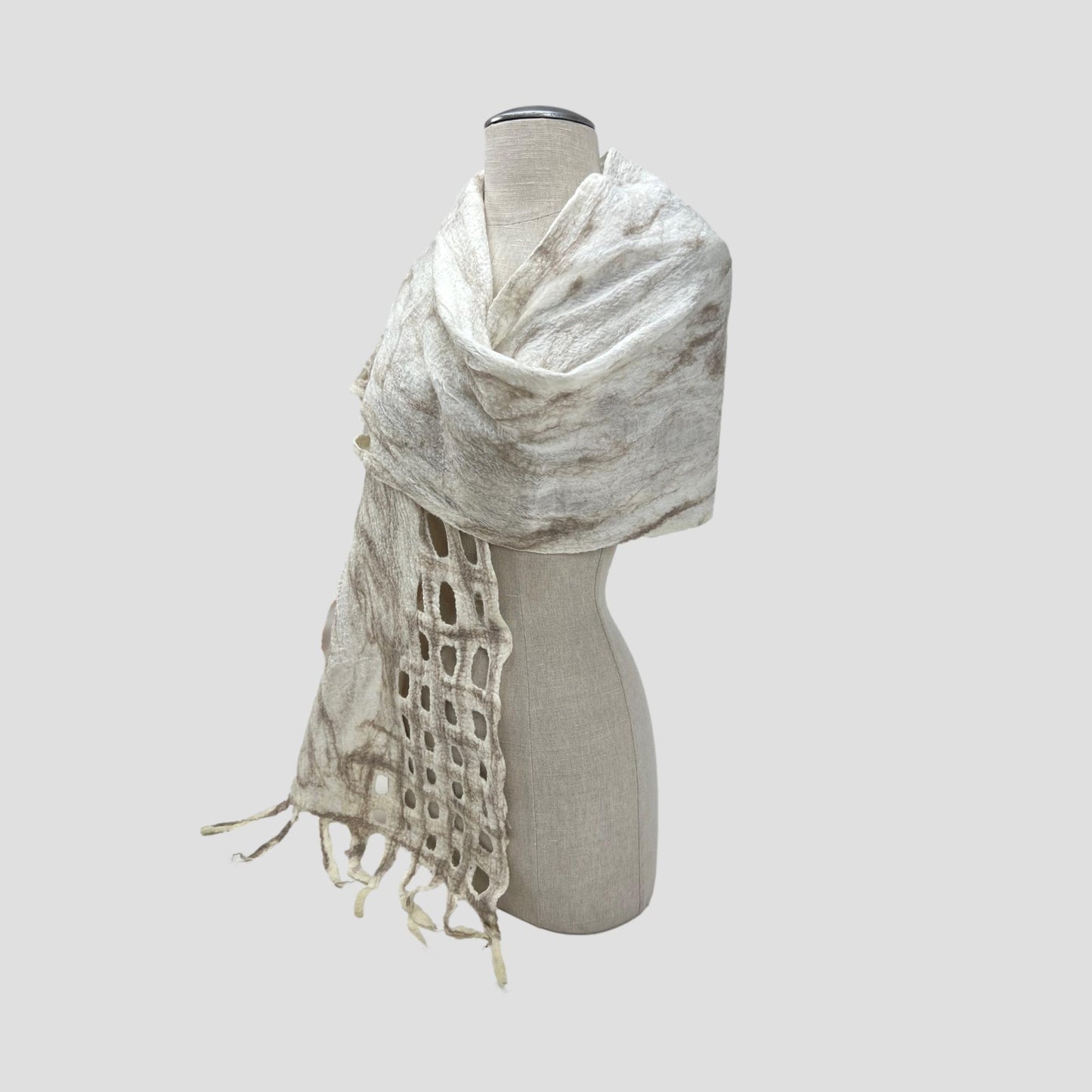 White-Brown Merino Wool Net Felt Scarf