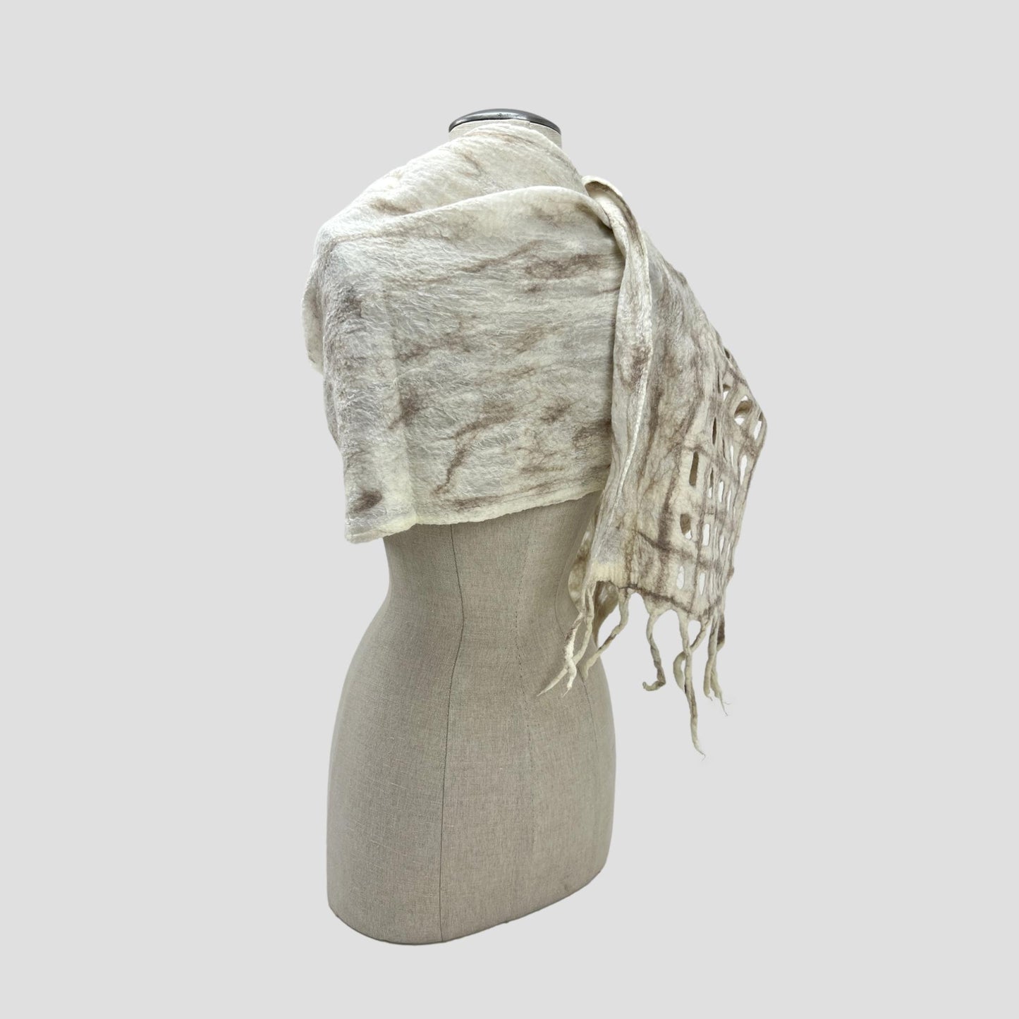 White-Brown Merino Wool Net Felt Scarf