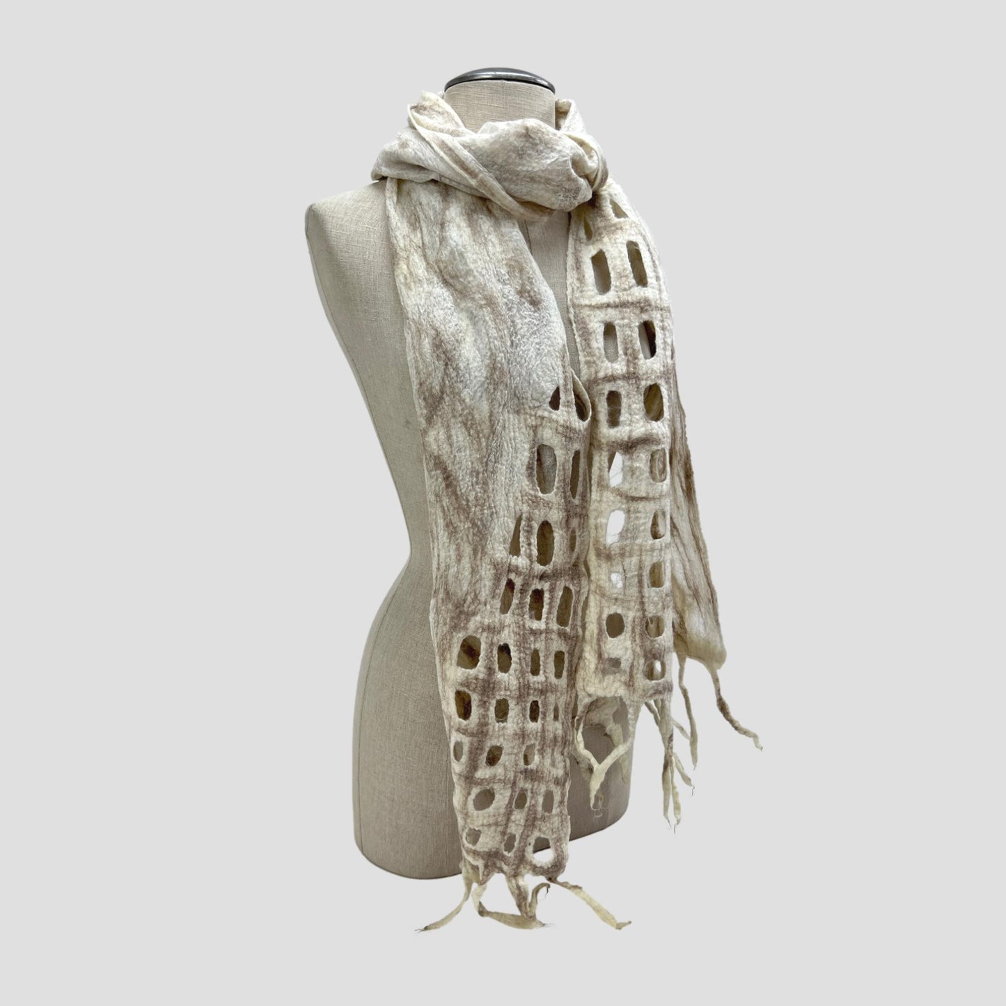 White-Brown Merino Wool Net Felt Scarf