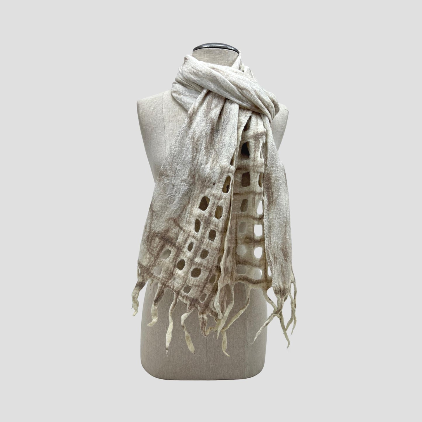 White-Brown Merino Wool Net Felt Scarf