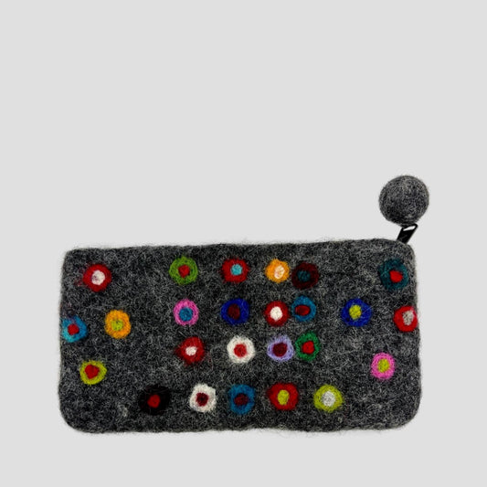 Charcoal Gray Felt Dotted Coin Purse, Mobile Purse