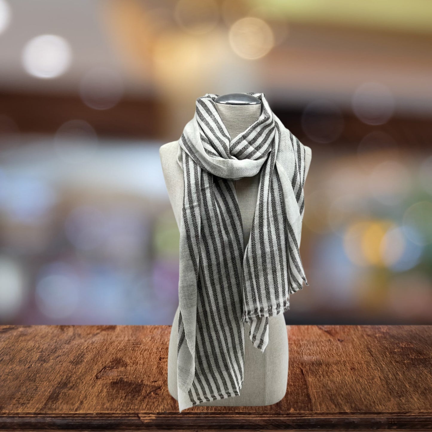 White & Brown Stripe Cashmere Shawl