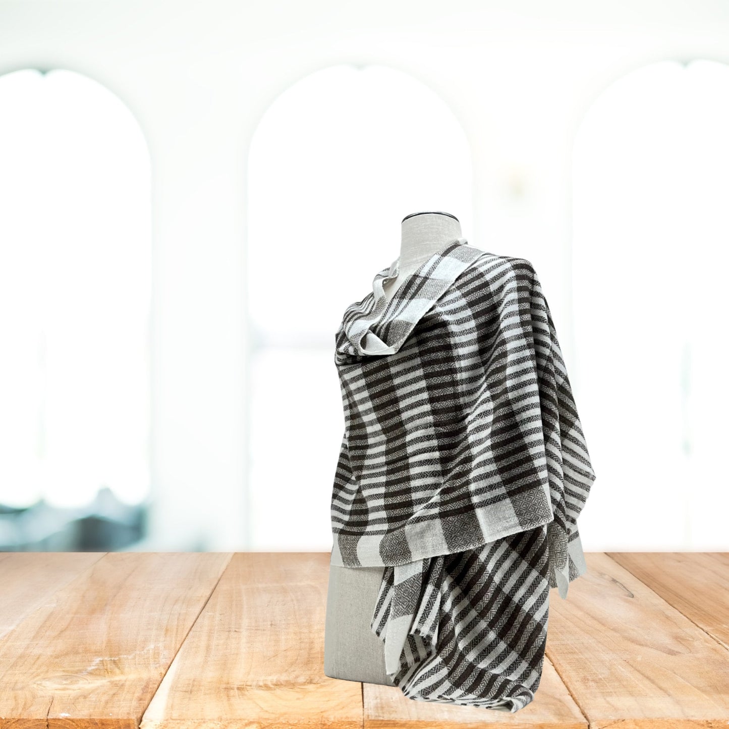 One-of-a-Kind White and Brown Check Cashmere Shawl