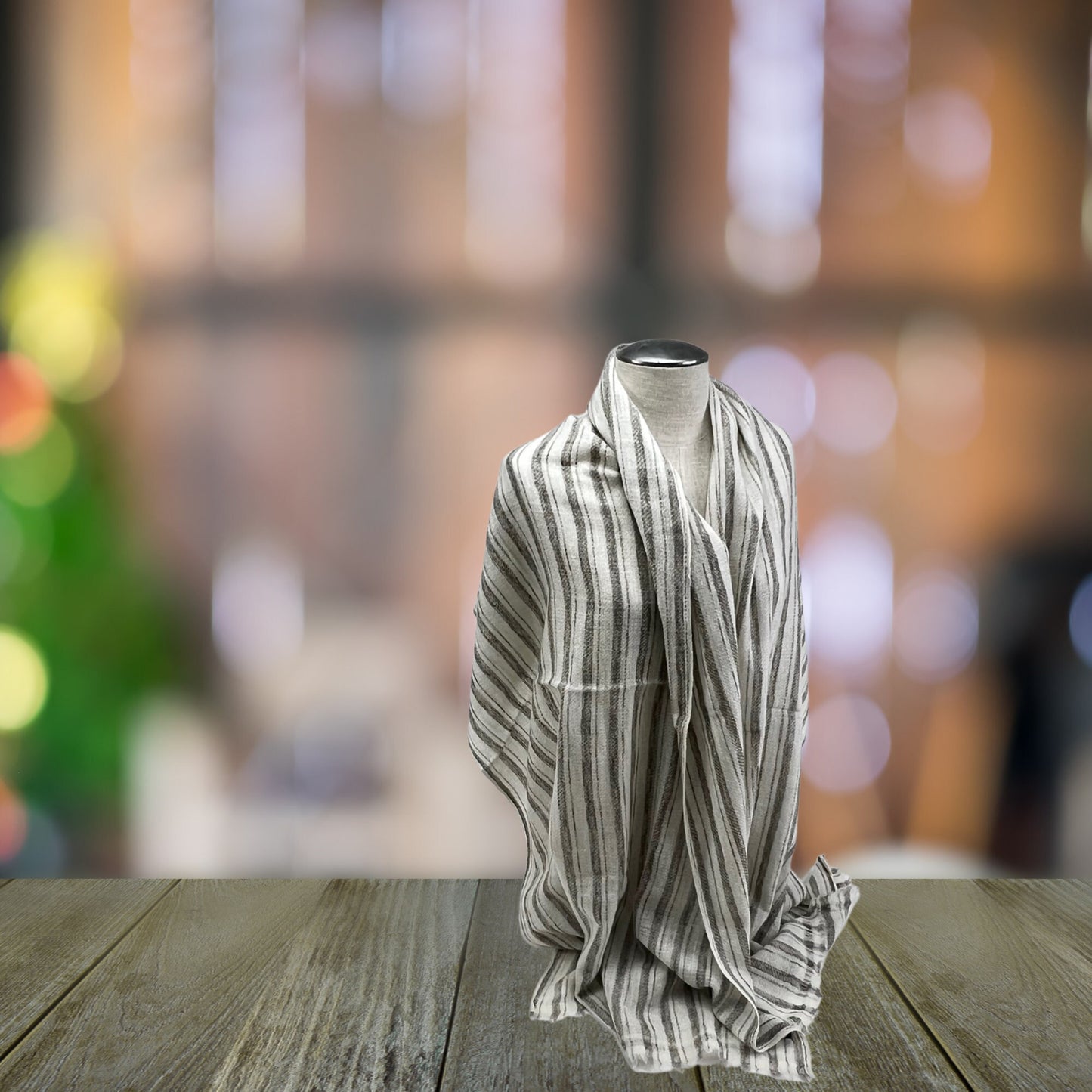 White and Light Brown Stripe  Cashmere Shawl