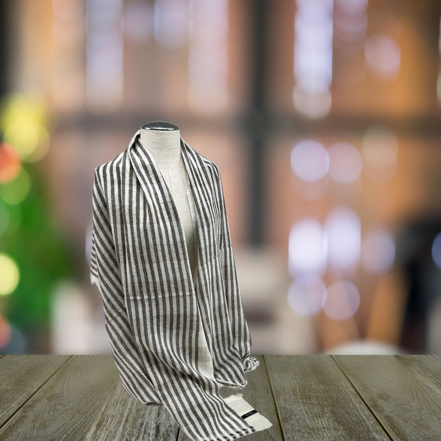 White & Brown Stripe Cashmere Shawl