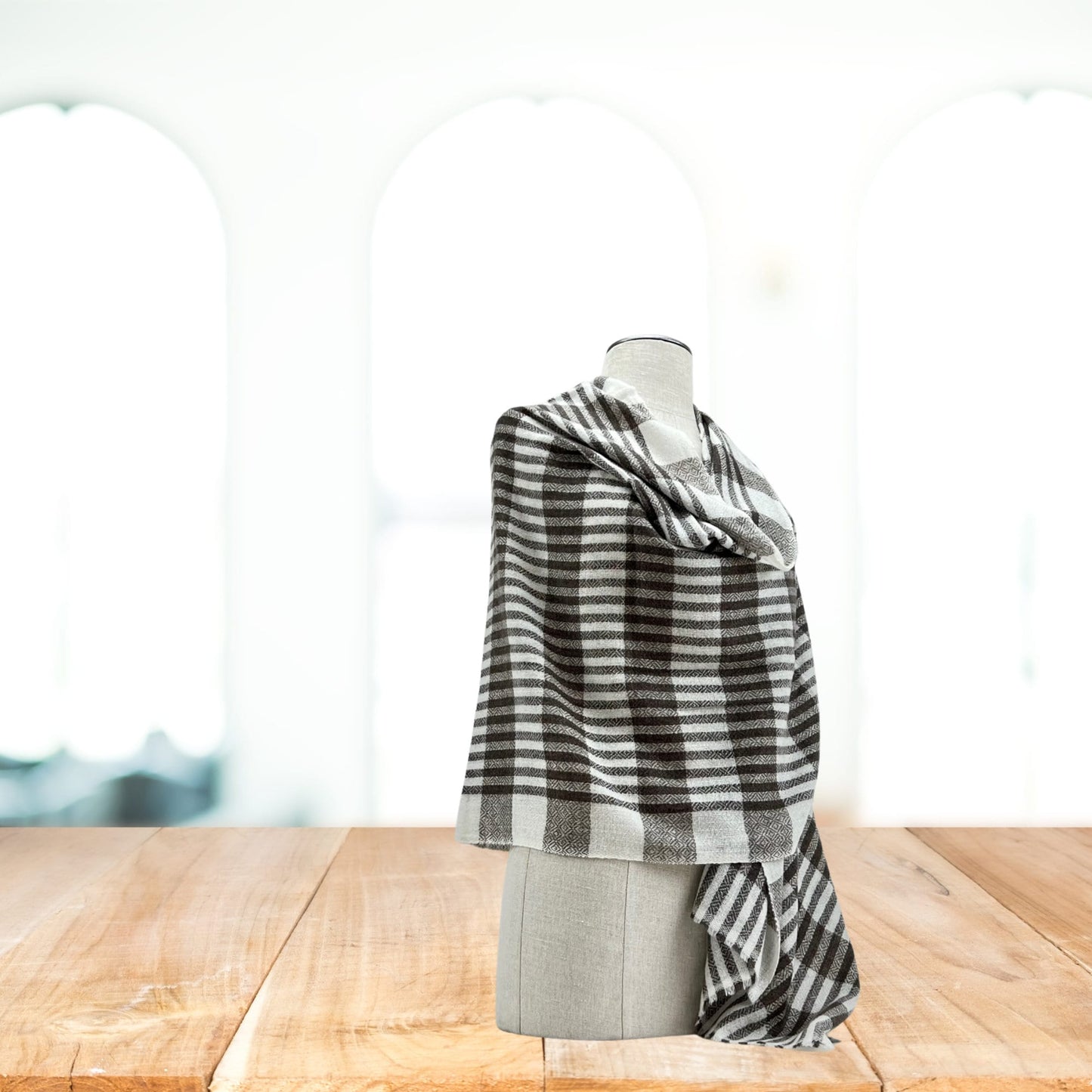 One-of-a-Kind White and Brown Check Cashmere Shawl