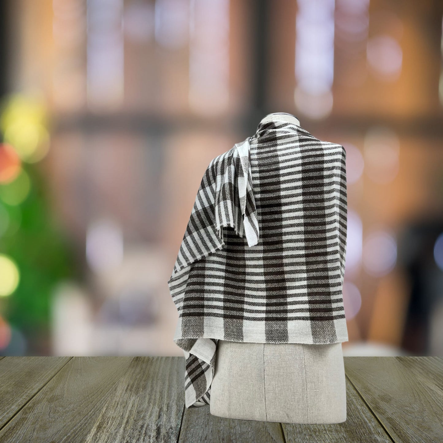 One-of-a-Kind White and Brown Check Cashmere Shawl