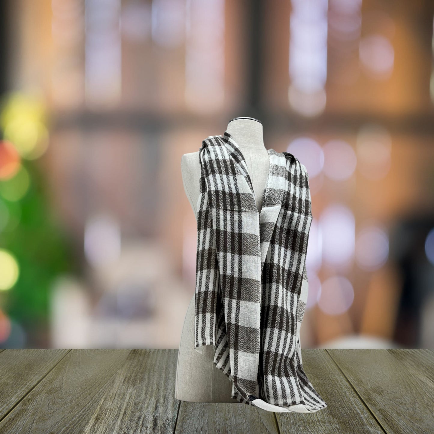 One-of-a-Kind White and Brown Check Cashmere Shawl