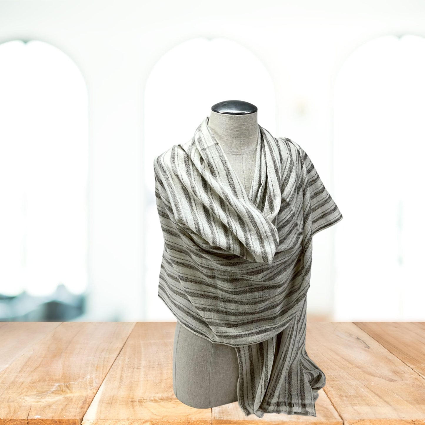 White and Light Brown Stripe  Cashmere Shawl