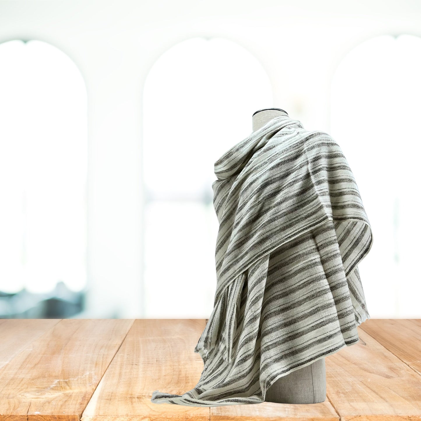 White and Light Brown Stripe  Cashmere Shawl